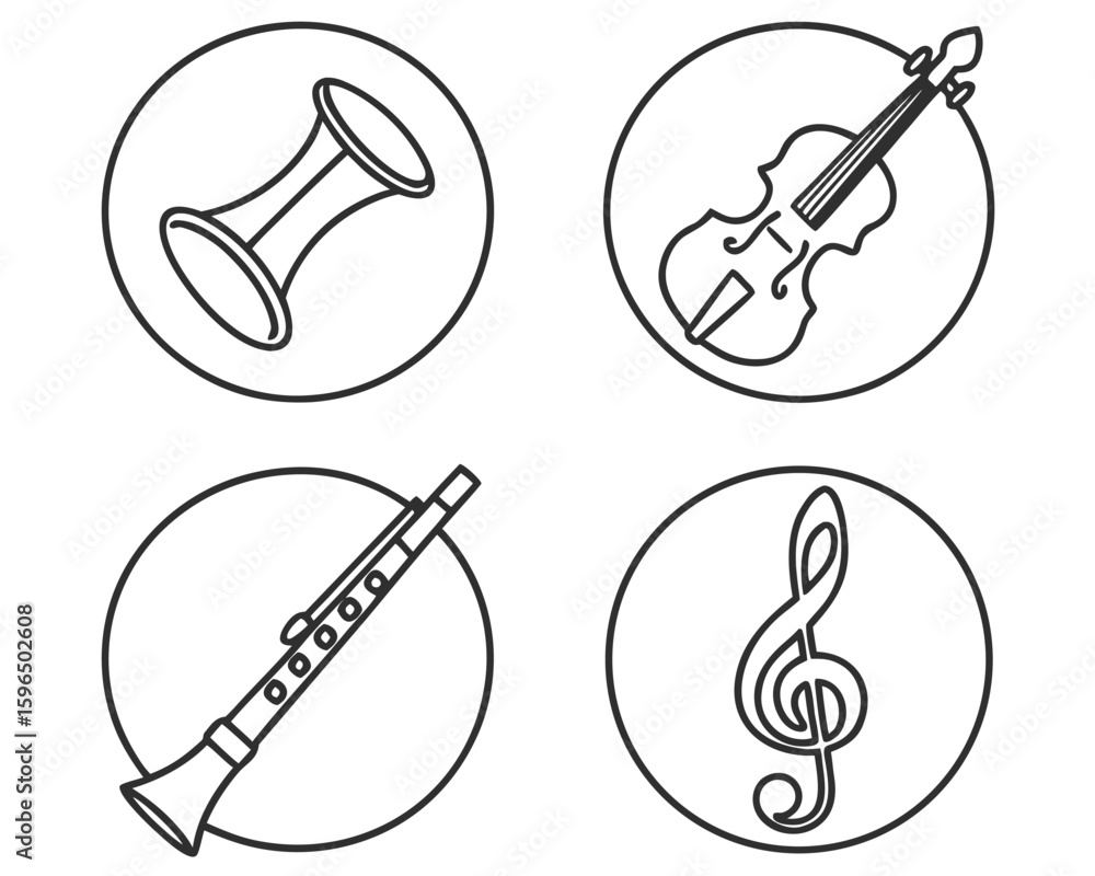 Poster outline illustrations of musical instruments and a treble clef within a circle for design.