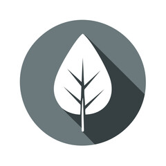 White Leaf Silhouette Icon with Long Shadow on a Gray Circle Background