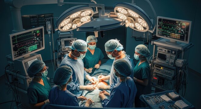 Surgical team performing a complex operation in a modern or