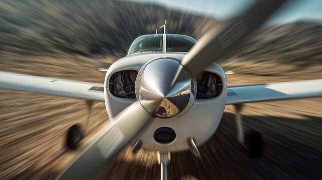 Close-up of single-engine propeller spinning in motion during takeoff. - Powered by Adobe