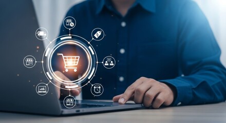Man using laptop with digital shopping cart interface and e-commerce icons showing online business growth and customer engagement
