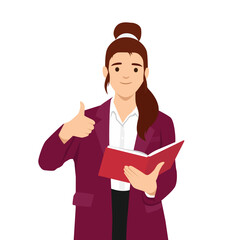 Confident Woman Holding Book and Giving Thumbs Up. Flat vector illustration isolated on white background