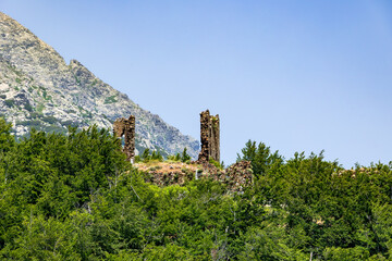 Panoramic view of Monte d’Oro mountain range with ruins od Fort de Vaux, France, Corsica, Monte...
