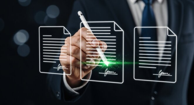 Electronic document signing, digital signature authentication, futuristic paperless agreement, secure online contract processing, business e-signature, legal document approval system.	
