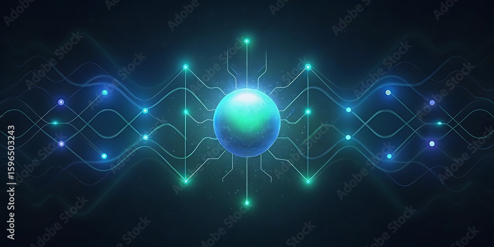Poster a central glowing sphere with interconnected circuits and energy waves represents advanced technolog