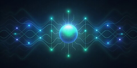 Obraz premium A central glowing sphere with interconnected circuits and energy waves represents advanced technology.