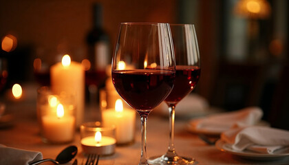 Naklejka premium Candlelit Romance: Intimate ambiance, featuring glasses of rich red wine on a table, surrounded by the soft glow of candlelight. A perfect evening for romance or celebrations.