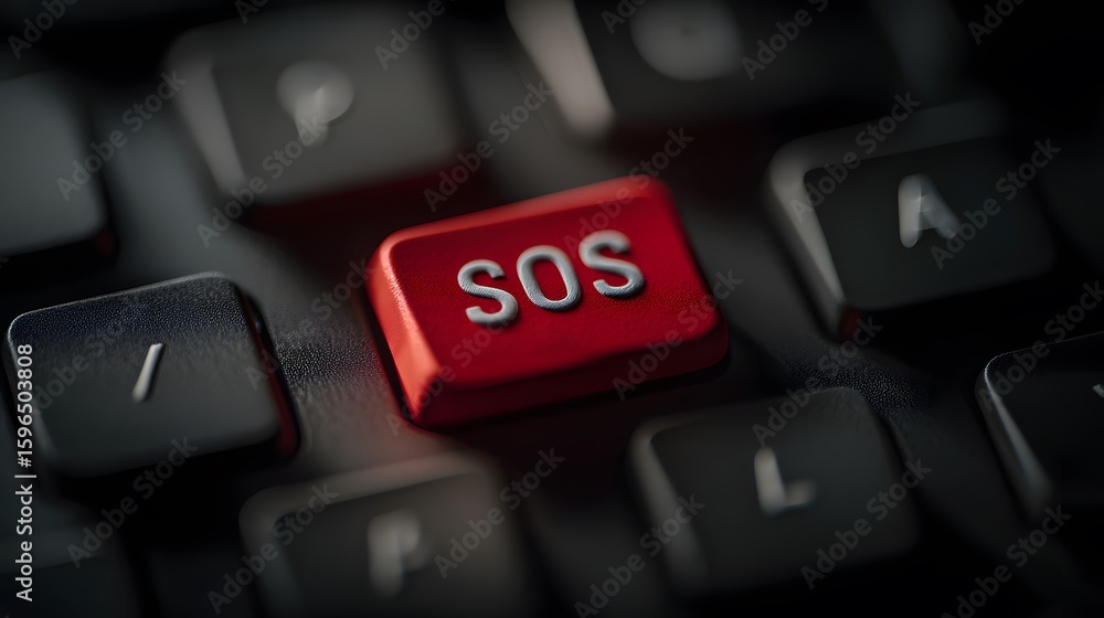 Poster red sos button on computer keyboard with dark background lighting