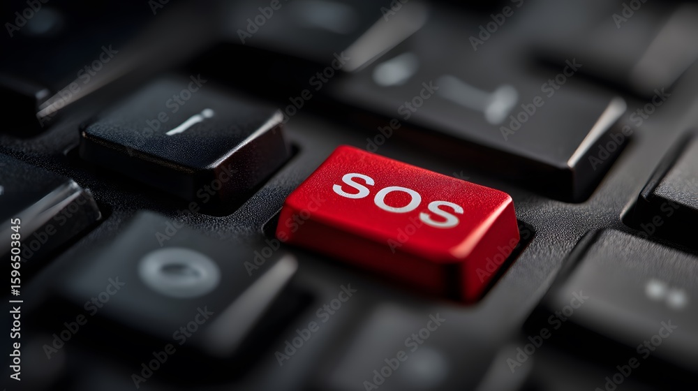 Poster red sos key on dark computer keyboard for emergency alert concept