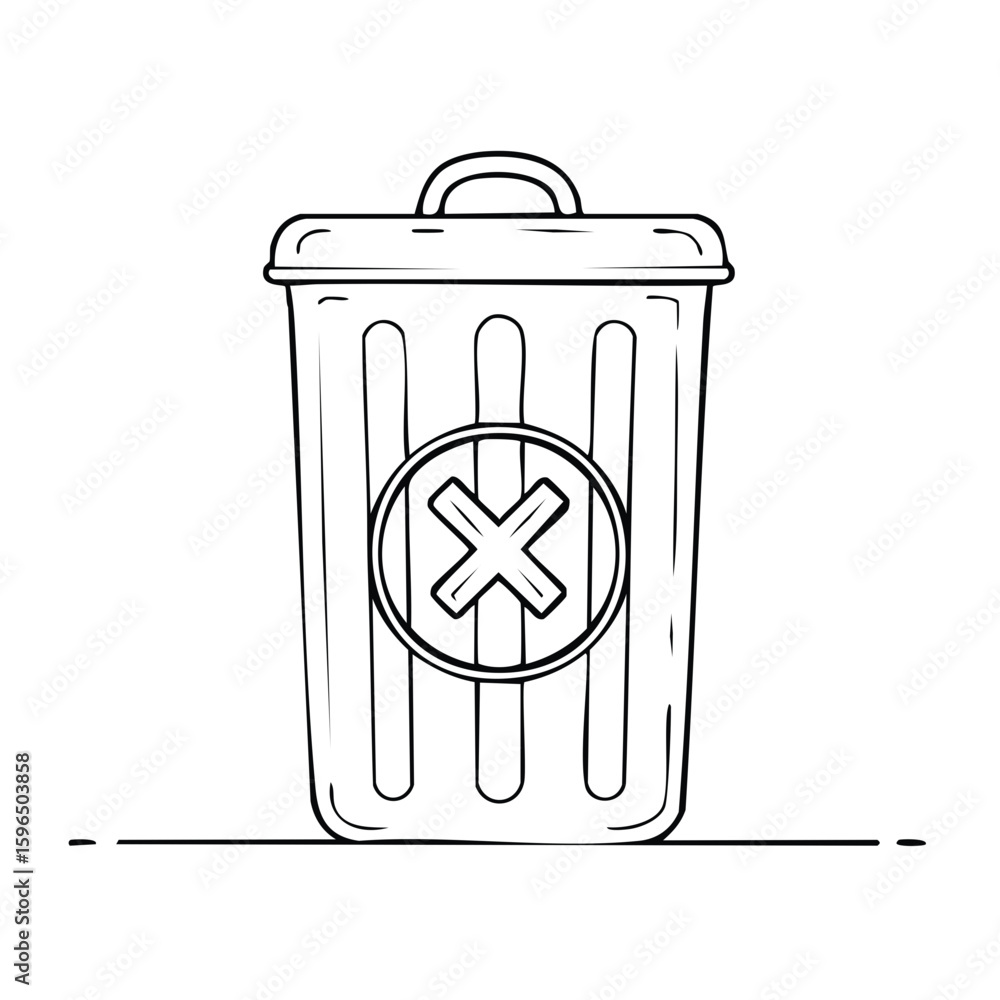 Poster delete trash can symbol in simple graphic style for error concept and recycle bin with x cross mark 
