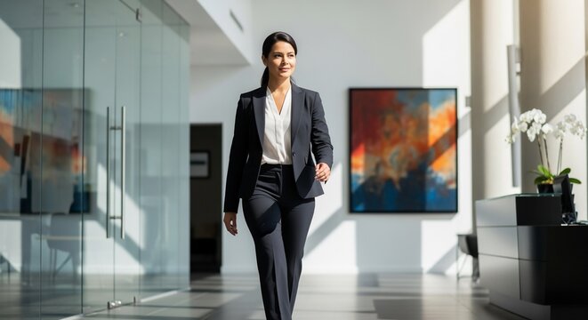 Confident Businesswoman Striding Through Modern Office Lobby with Abstract Art and Sunlight - Powered by Adobe