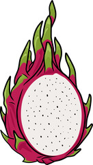 Fresh, colourful dragon fruit cut in half. A bright and healthy tropical fruit icon with detailed seeds, ideal for various design projects.