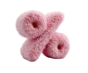 Soft pink furry percentage sign rendered with depth and texture, artistic presentation on transparent background