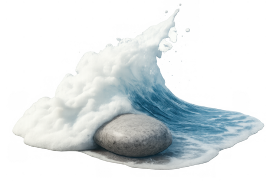 Grey stone catching breaking ocean wave moment, studio-captured foam splash against transparent backdrop