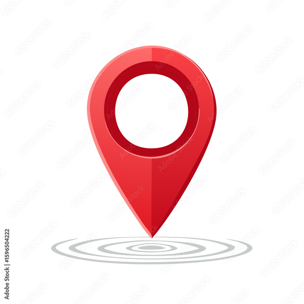 Poster red location pin symbol with circle waves below indicating position or destination, gps navigation p