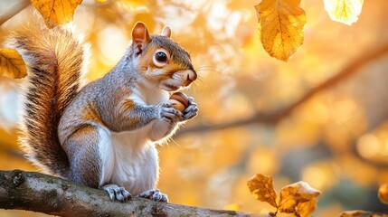 Gray squirrel eating a nut in autumn foliage.