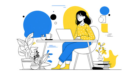 Woman Working from Creative Home Office with Plants and Art - Remote Work and Creative Workspace Concept