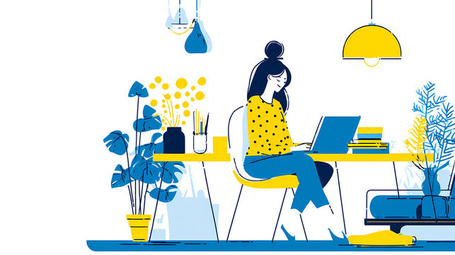 Young Woman Working from Home Office - Remote Work and Digital Nomad Lifestyle Illustration