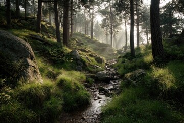 Fototapeta premium Sunlit forest path with a gentle stream