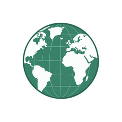 Illustration of Earth with green grid, continents, world map, globe icon, geography, and global representation, isolated image