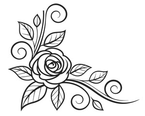 Elegant corner floral design with rose and leaf elements in black and white vector illustration.