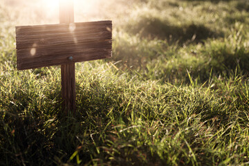 Weathered Wooden Sign in a Lush Green Grass Field at Sunset