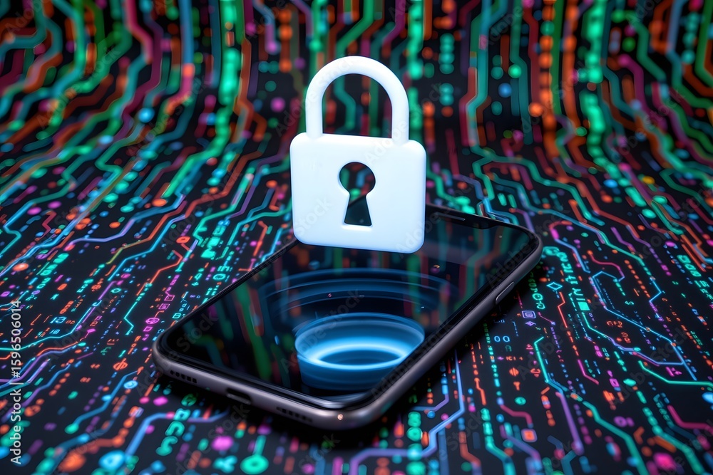 Poster smartphone security: a minimalist depiction of a mobile phone with a padlock, set against a digital 