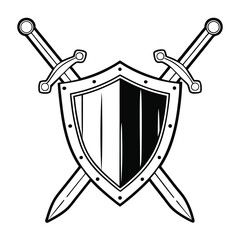 Illustrative artwork depicting a heraldic shield flanked by two crossed swords in a minimalist design.