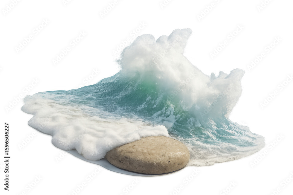 Poster powerful ocean wave crashing on a rock, creating white foam, isolated on transparent background, ide