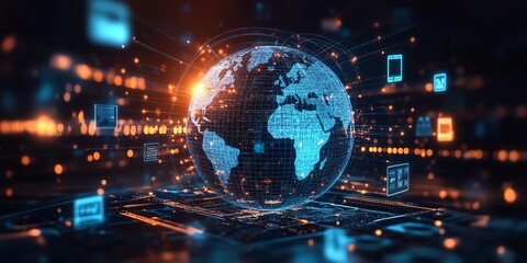 Emerging market ecommerce growth visualized with a digital globe surrounded by shopping icons, digital trends, and global market expansion