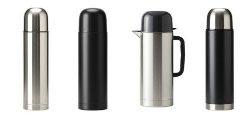 Assorted thermal containers showcasing sleek minimalist design and monochrome palettes