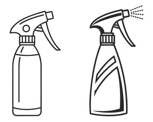 Two outline illustrations of spray bottles depicting both still and active spraying actions.