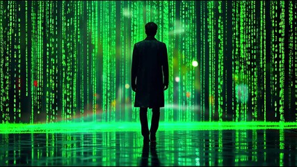 Person in coat facing glowing green digital code wall representing virtual reality and cyber immersion - Powered by Adobe