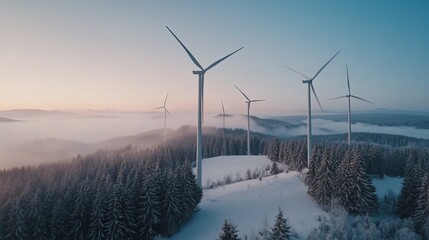 Majestic wind turbines stand tall amidst a snow-covered landscape at sunrise, generating clean energy