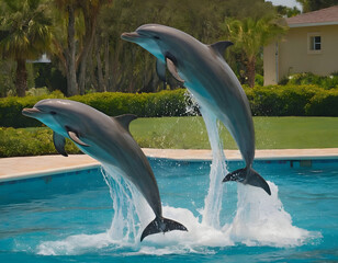 The dolphins are swimming in a bright blue pool on a sunny day, creating unforgettable memories and a unique bond. Marine dolphins are jumping out of the water.
