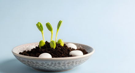 Green Seedlings Growing in Bowl with Soil and White Stones on Blue Background