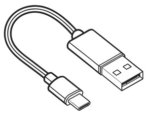 Vector illustrated usb type c to usb a cable isolated on white background in outlined style. usb, cable, charger, type c, usb a, connector, cord.