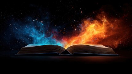 Open book with magical fire and ice smoke on a dark background