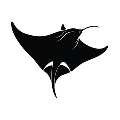 Stylized black silhouette of a manta ray swimming gracefully