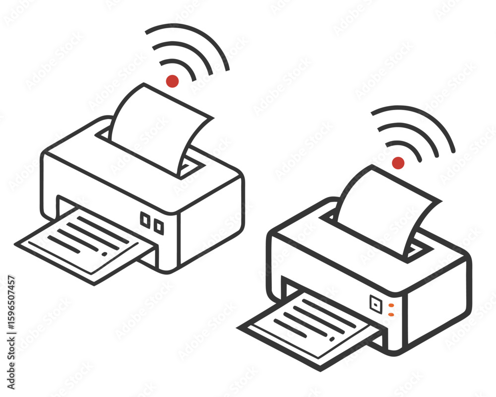 Poster isometric view of two wireless printers printing a document with a signal icon above each device.