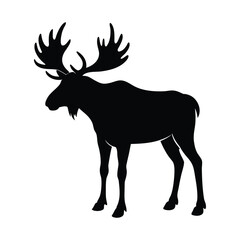 Black silhouette of a majestic bull moose with large antlers standing on a white background