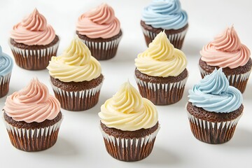 Colorful Frosted Cupcakes in Pastel Blue, Pink, and Yellow Tones