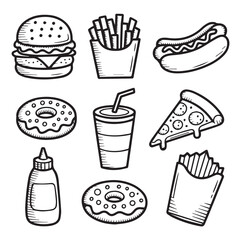 Hand drawn fast food collection hamburger fries hot dog pizza donuts drink
