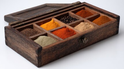 Assortment of Colorful Spices in Wooden Box