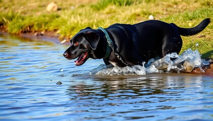 Black lab dog splashing through shallow water, grassy shoreline,  lake,  animal