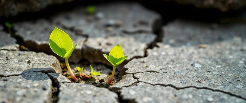Vibrant green sprout cracks through aged stone step,  sprout,   breakthrough