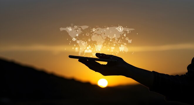 Global Connection at Sunset: A Silhouette of Hand Holding Smartphone with World Map and Digital Icons