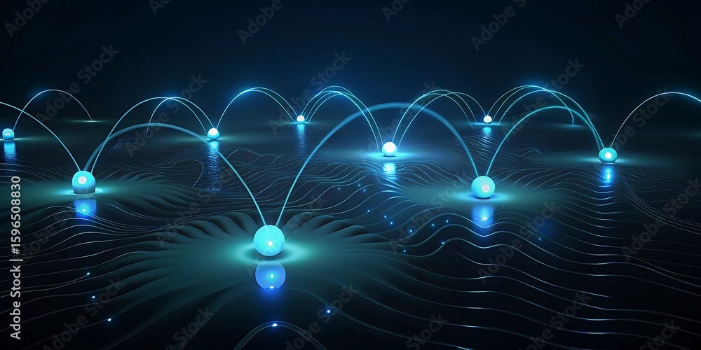 Poster a network of glowing blue nodes connected by luminous arcs on a dark, reflective surface.