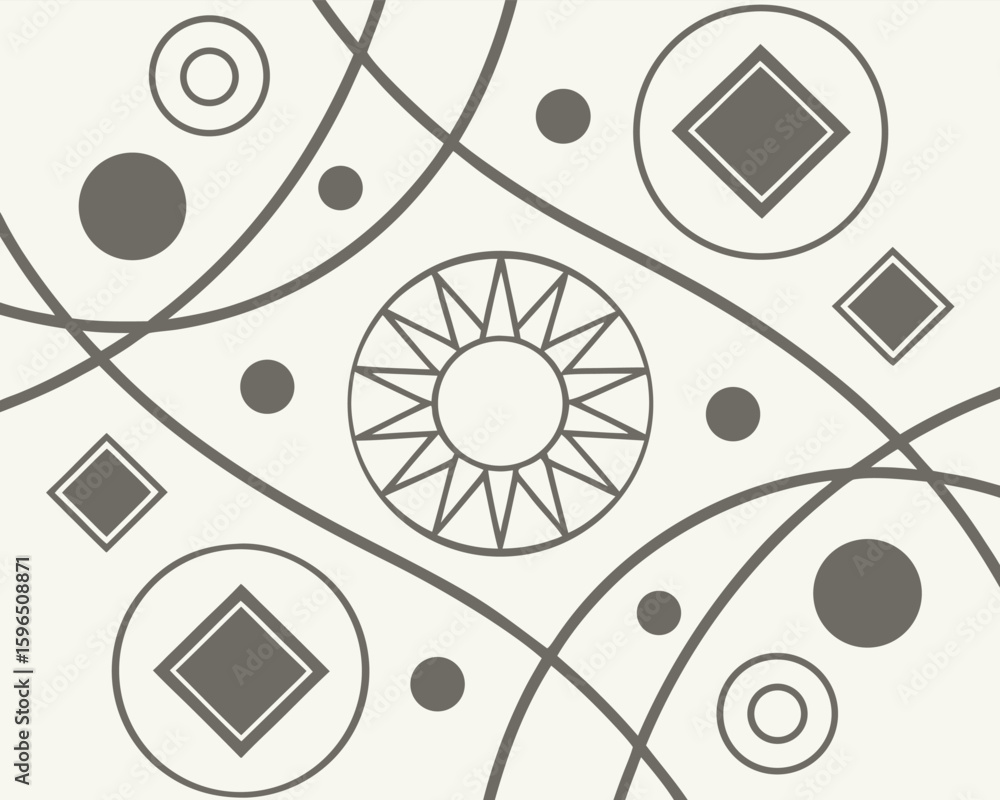 Poster modern abstract design with geometric shapes circles diamonds sunburst pattern and flowing lines on 