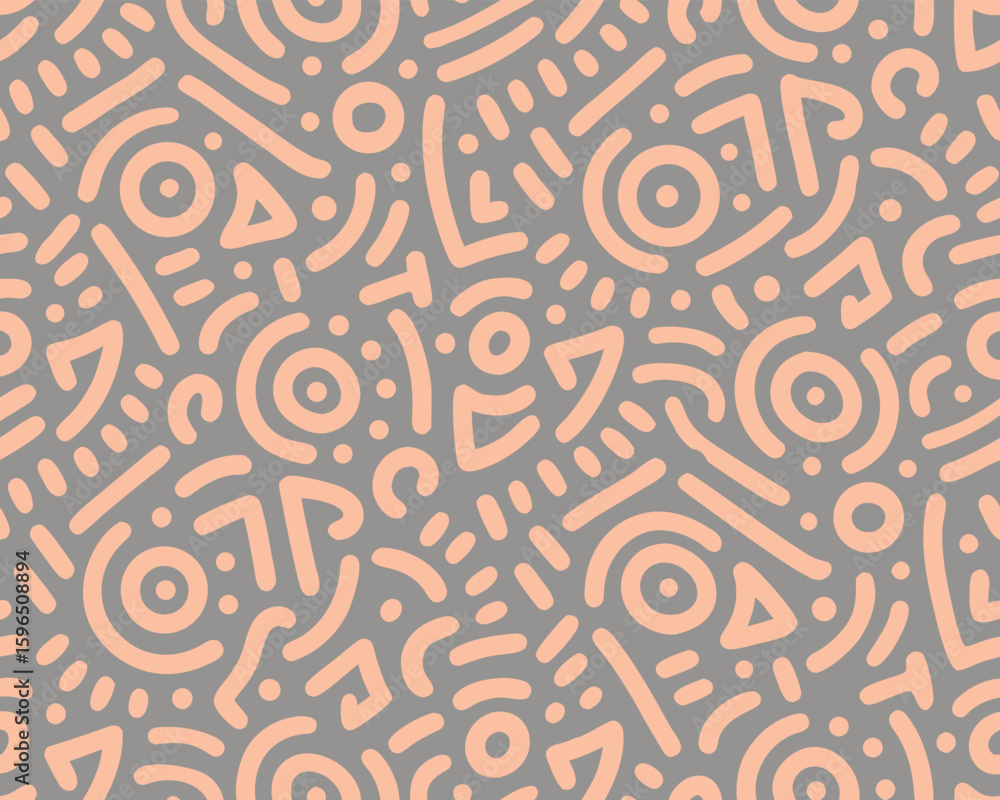 Poster seamless geometric pattern with abstract shapes in coral and grey color palette for design projects.
